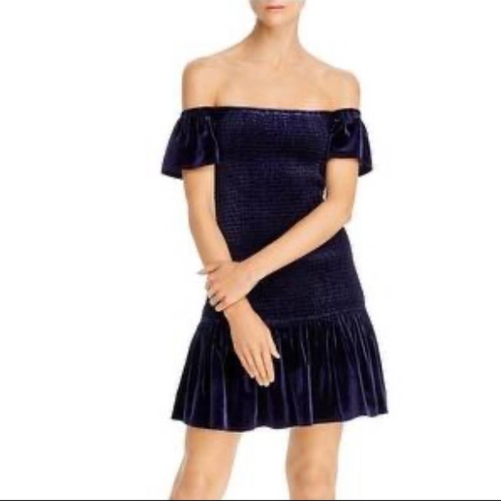 AQUA for BLOOMINGDALE'S Women's Navy Blue Velvet Off Shoulder Smocked Mini Dress